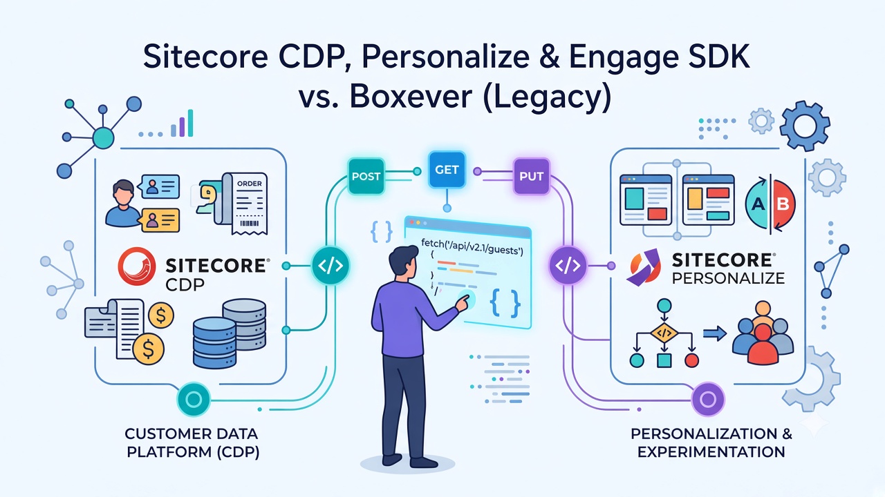 Banner for Sitecore CDP, Personalize and Engage SDK vs Boxever legacy—developer calling Guest API endpoints (GET, POST, PUT) linking CDP profiles and orders with Personalize experiences and A/B experiments